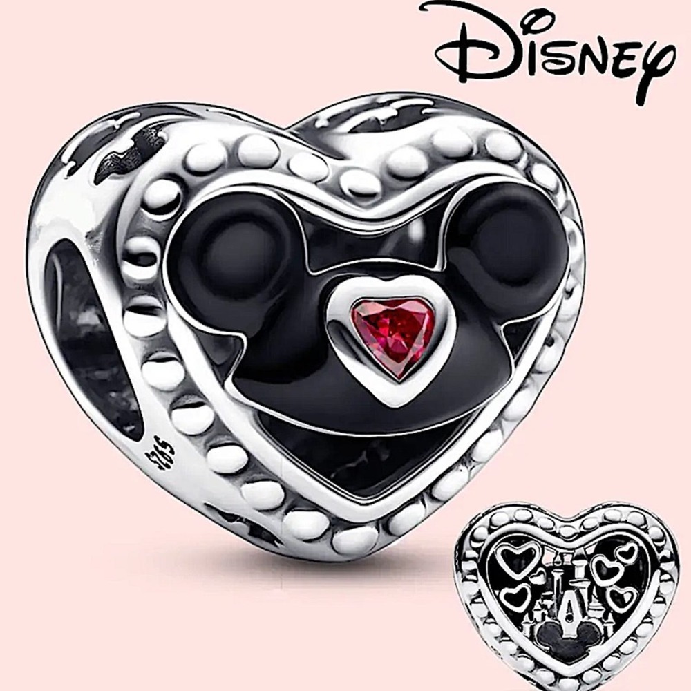Disney Mickey Mouse Sterling Silver Heart Charm Bracelet Gift S925 Black Enamel